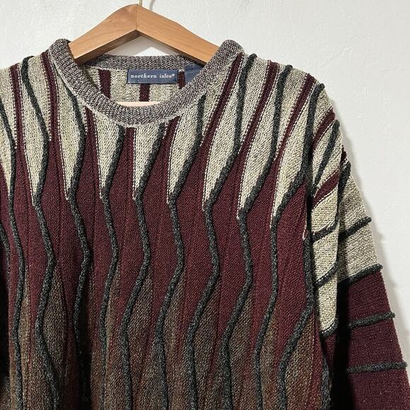 VTG Northern Isles Men's 3D Knit Sweater Size L Red Geometric Dadcore 90S Biggie - Picture 3 of 8